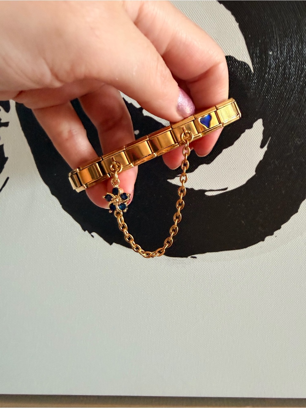 Gold Tone Italian Charm Bracelet with Blue Heart & Floral Safety Chain
